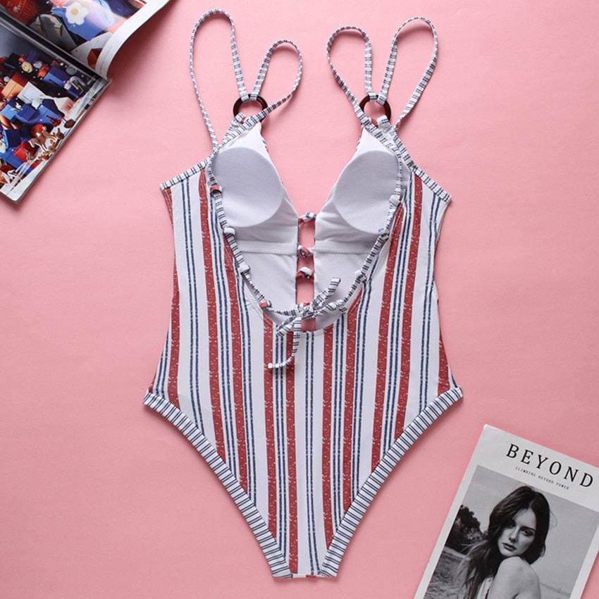 Striped V-Neck Swimsuit - deem-gaze.com