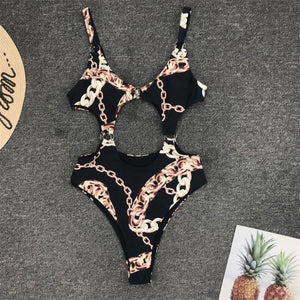 Hollow Out Print Halter Swimwear - deem-gaze.com